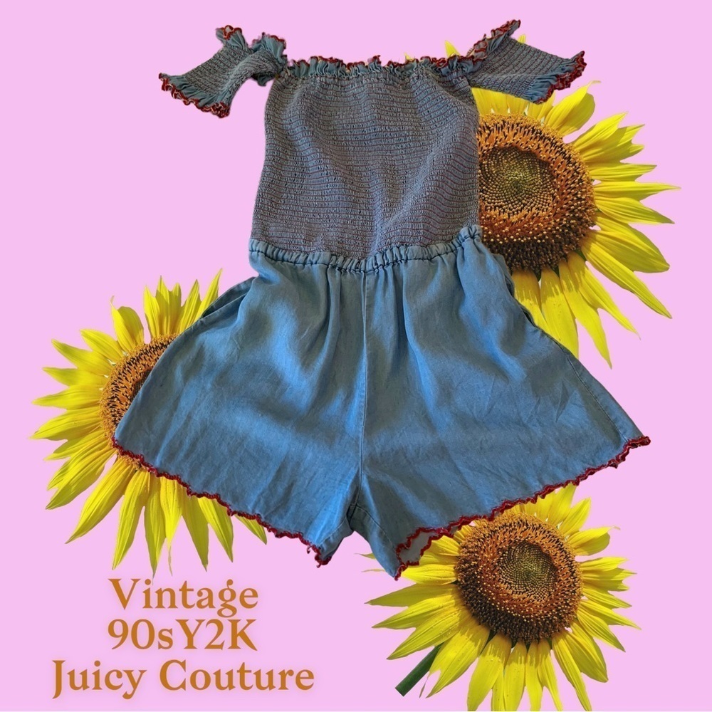 Vtg 90s Juicy Couture lightweight denim romper rouched off shoulder red trim S